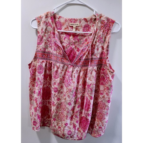 Rebecca Taylor Tops - Rebecca Taylor Pink Floral Silk Sleeveless Blouse Boho Tie Neck Top Size 10